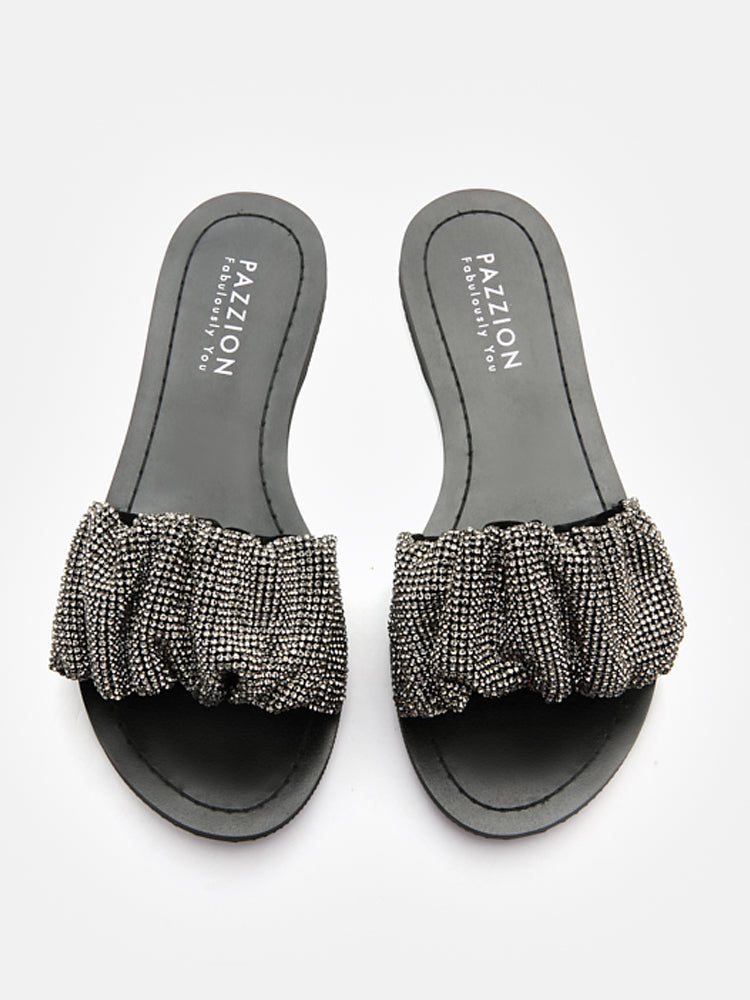 Diamante Embellished Slides- Black