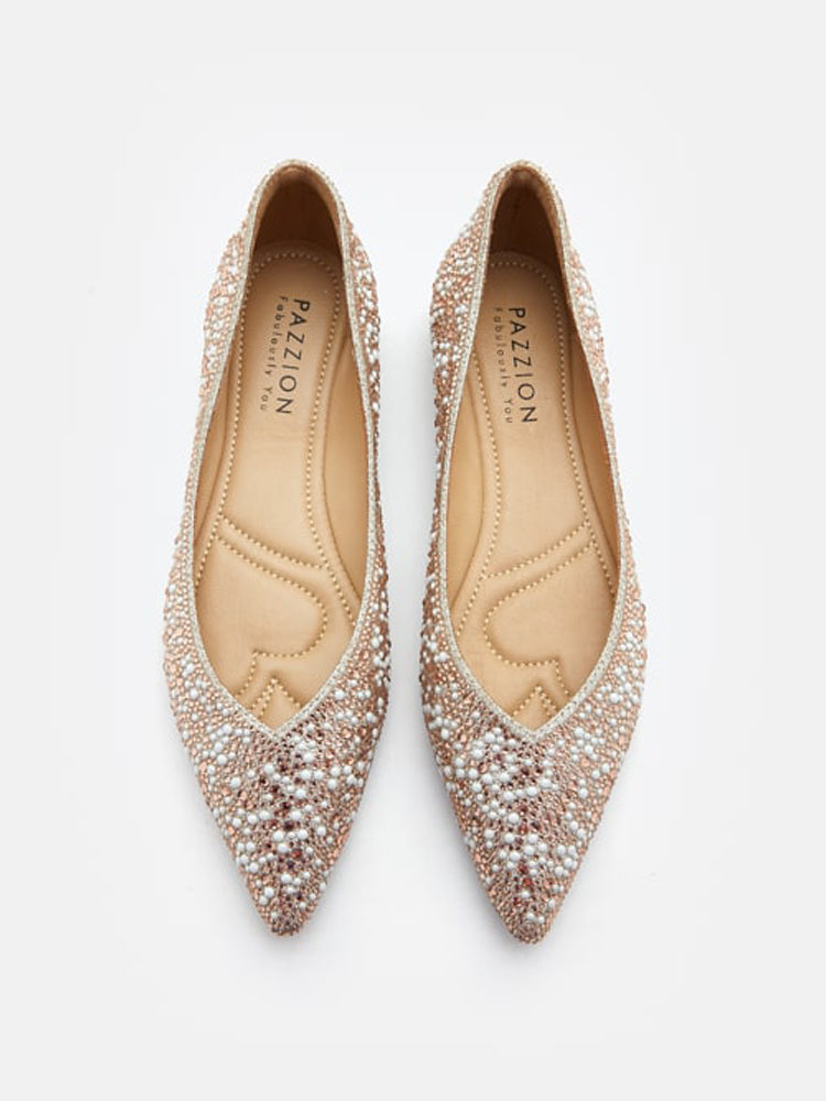 Pearl Diamante Embellished Ballerinas- Golden