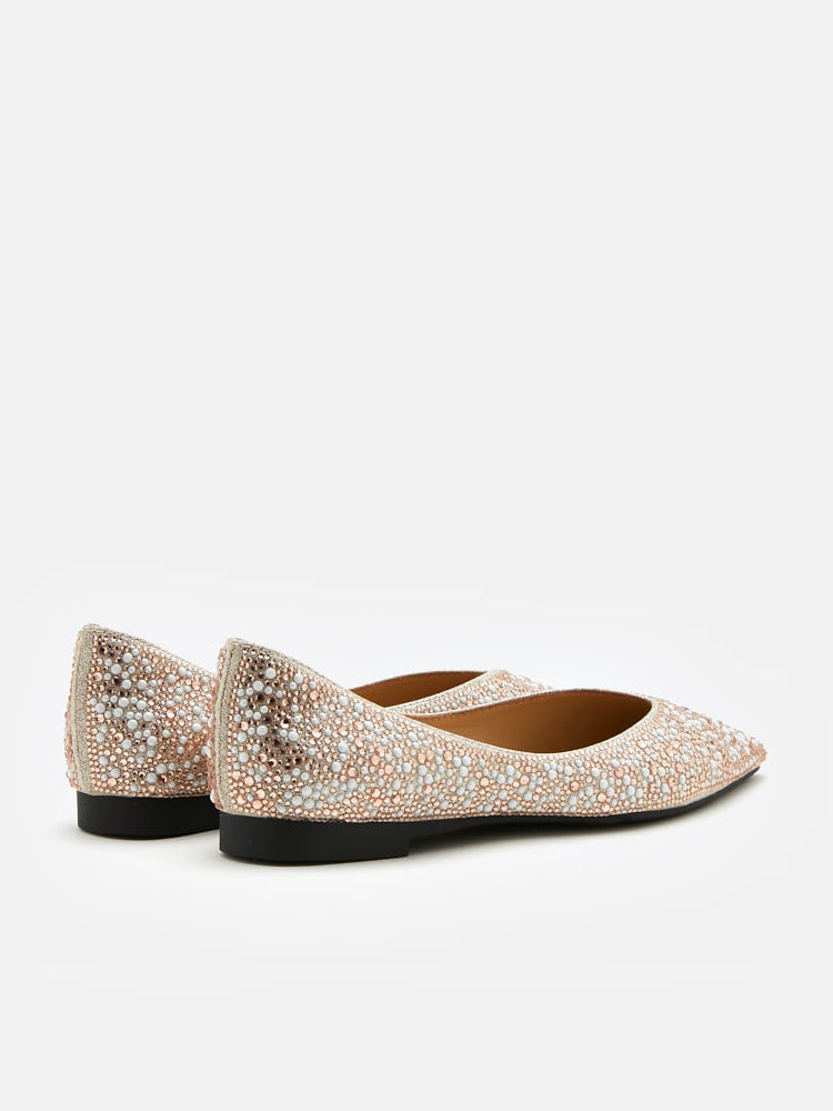 Pearl Diamante Embellished Ballerinas- Golden