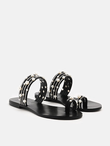 Carys Silk Pearl Sandals- Black