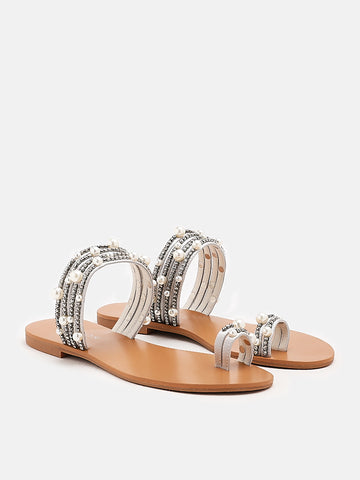Carys Silk Pearl Sandals- Silver
