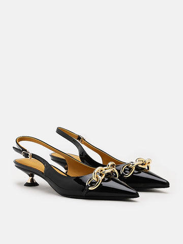 Elia Chained Leather Slingbacks- Black