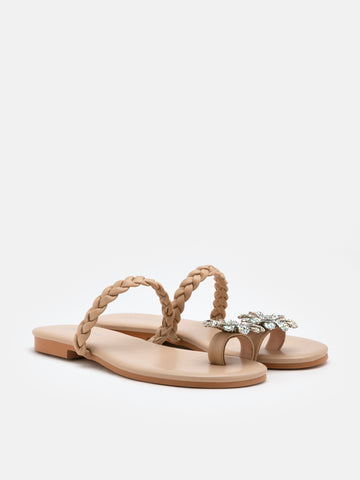 Flora Embellished Braided Sandals- Almond