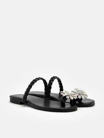 Flora Embellished Braided Sandals- Black