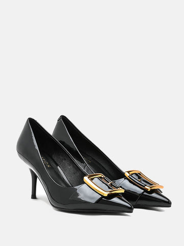 Glossy Gold Buckle Stiletto Heels- Black