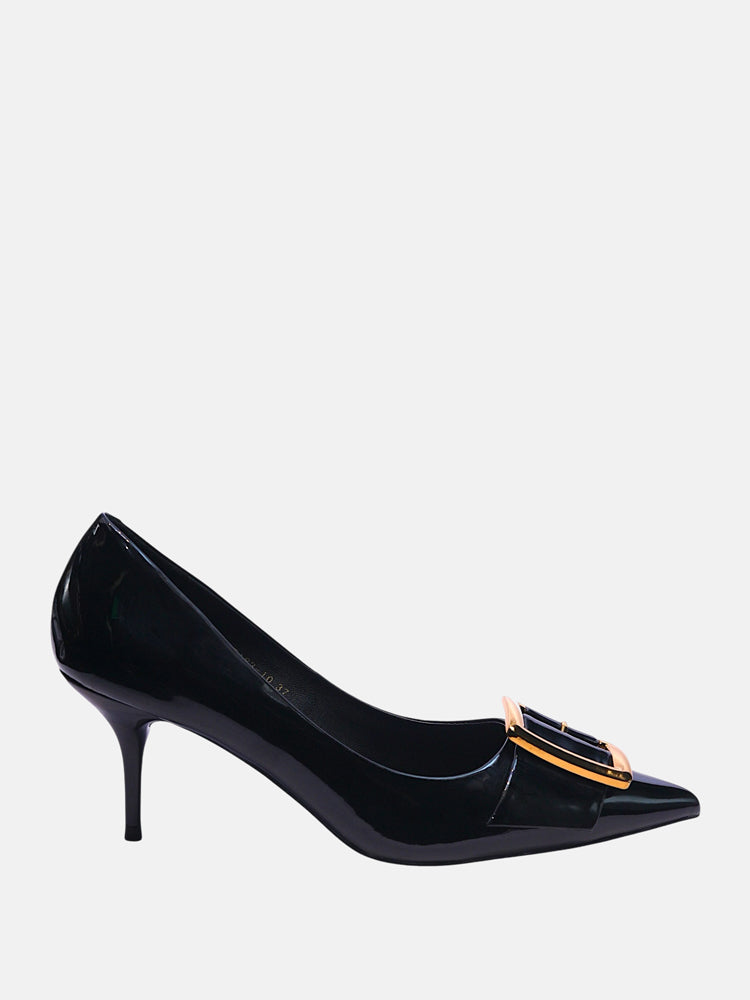 Glossy Gold Buckle Stiletto Heels- Black