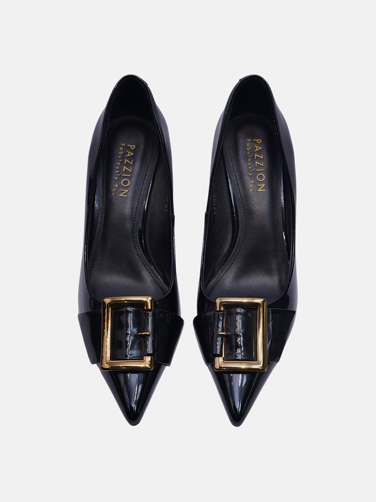 Glossy Gold Buckle Stiletto Heels- Black