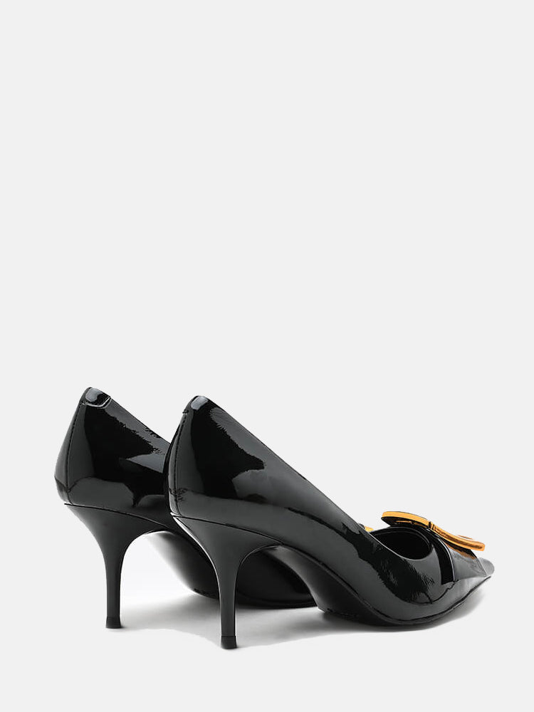 Glossy Gold Buckle Stiletto Heels- Black