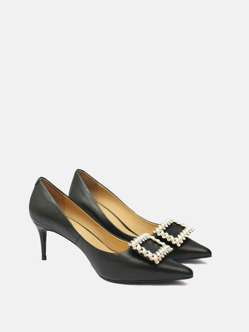 Pearls and Metallic Stiletto Heels- Black