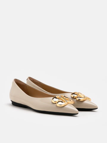 Grady Buckle Pointed-Toe Ballerinas- Beige