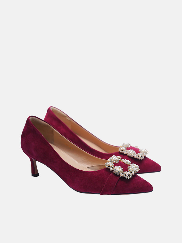 Buckled Pointed Suede Stilettoes- Maroon