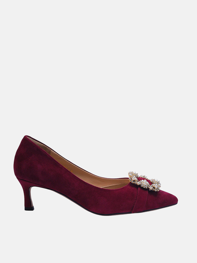 Buckled Pointed Suede Stilettoes- Maroon