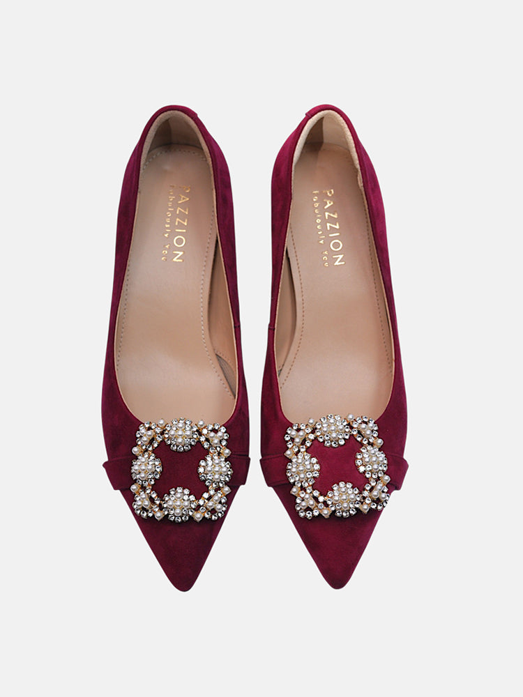 Buckled Pointed Suede Stilettoes- Maroon