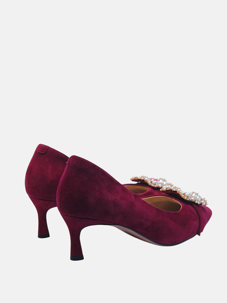 Buckled Pointed Suede Stilettoes- Maroon