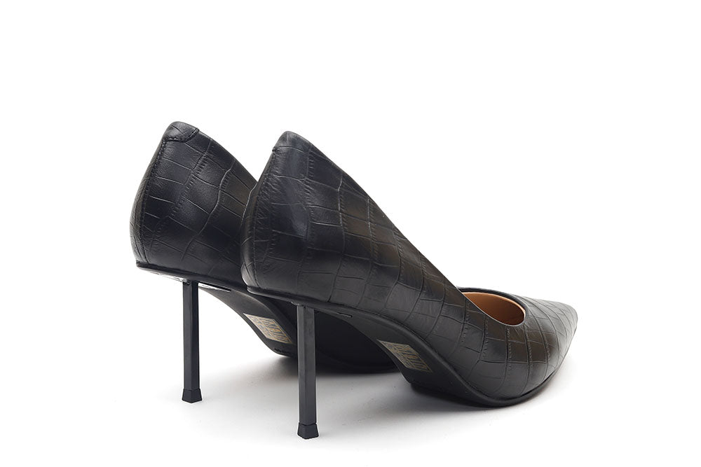 1913-1 BLACK CROC EFFECT POINTY TOE LEATHER HIGH HEELS