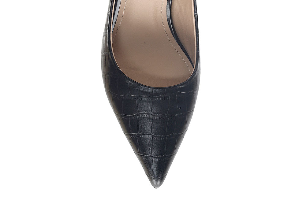 1913-1 BLACK CROC EFFECT POINTY TOE LEATHER HIGH HEELS