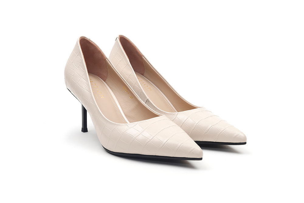 1913-1 APRICOT CROC EFFECT POINTY TOE LEATHER HIGH HEELS