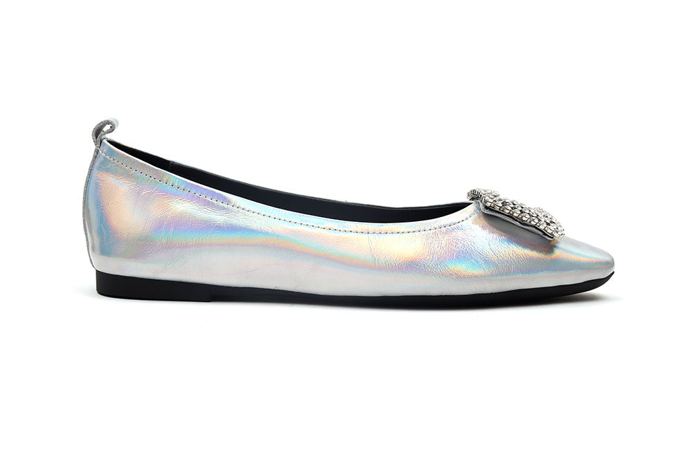 2660-3 SILVER  DAZZLING JEWELED EMBELLISHMENTS POINTED TOE FLATS