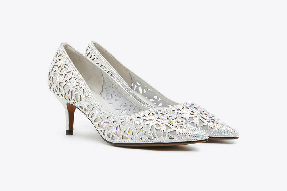 5619-12 Silver Crystal Embellished Pointy Leather Heel