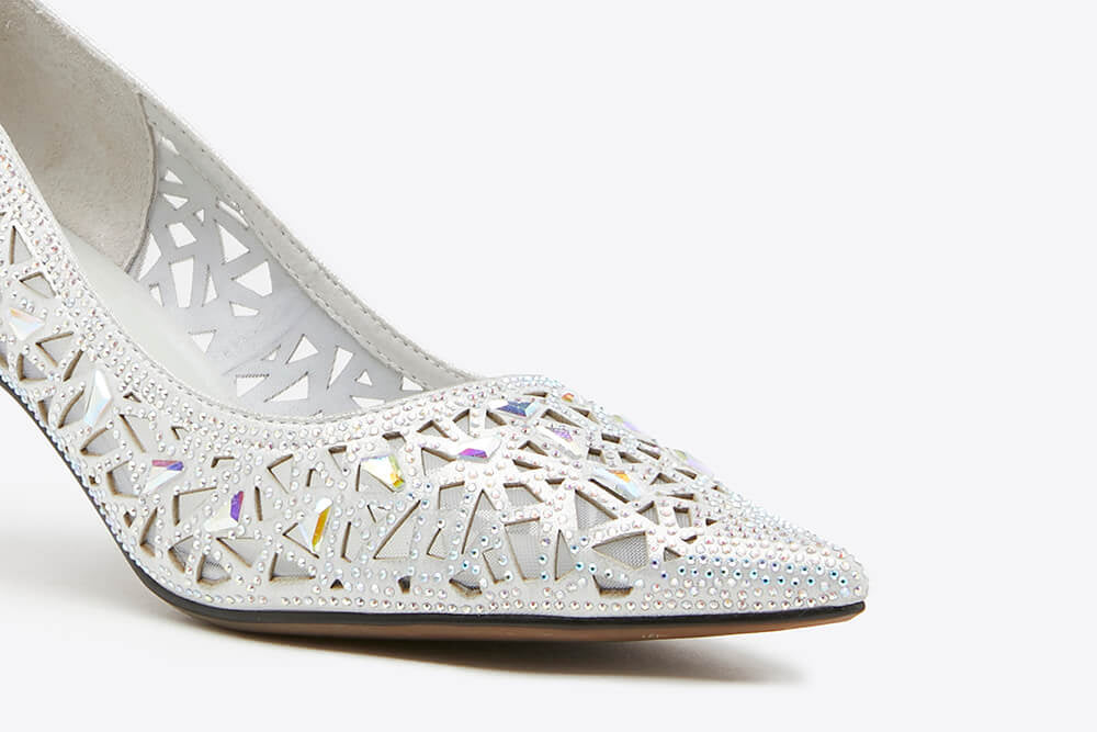 5619-12 Silver Crystal Embellished Pointy Leather Heel