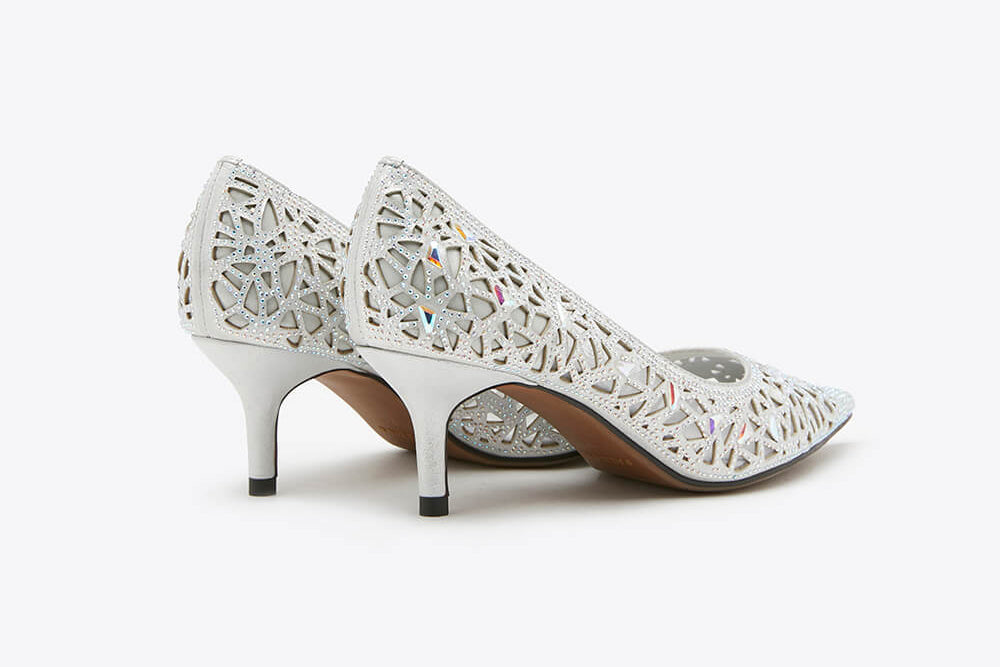5619-12 Silver Crystal Embellished Pointy Leather Heel
