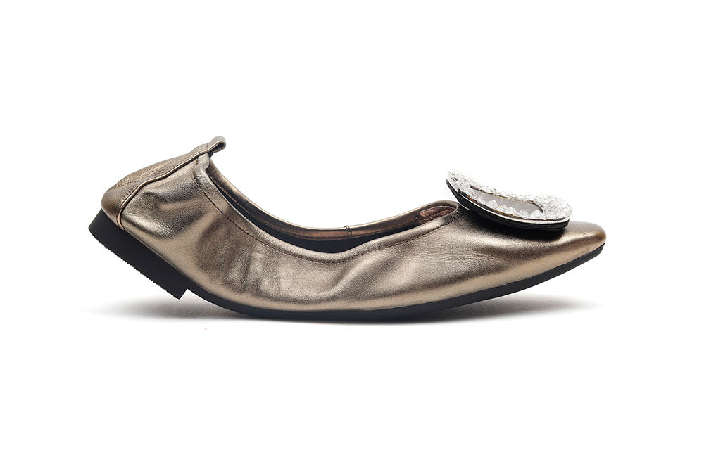 733-2 BRONZE CRYSTAL BUCKLE LEATHER FOLDABLE FLATS
