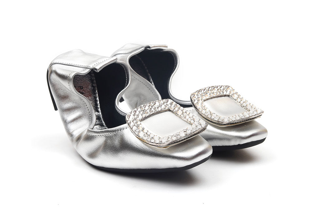 733-2 SILVER  CRYSTAL BUCKLE LEATHER FOLDABLE FLATS