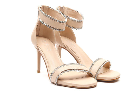 DIAMANTE EMBELLISHED WRAP AROUND LEATHER HIGH HEEL SANDALS