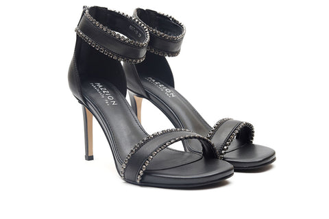 DIAMANTE EMBELLISHED WRAP AROUND LEATHER HIGH HEEL SANDALS