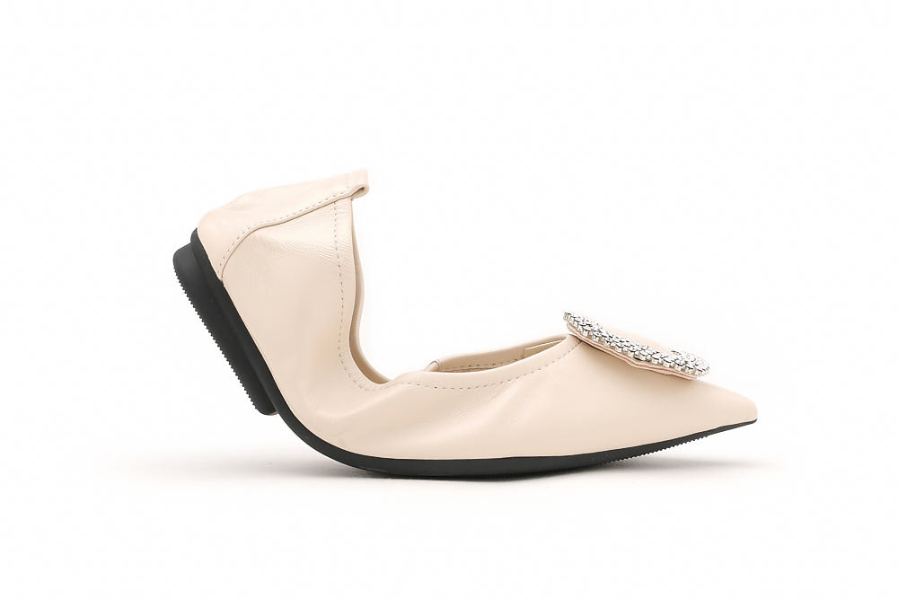 9550-21 BEIGE DIAMANTE BUCKLE POINTED LEATHER FOLDABLE FLATS
