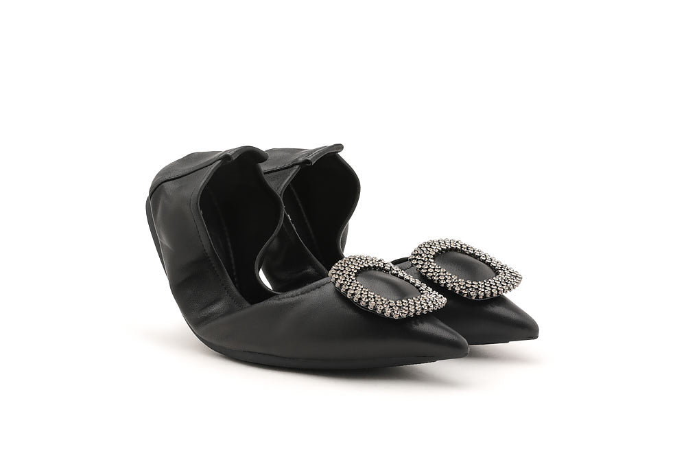 9550-21 BLACK DIAMANTE BUCKLE POINTED LEATHER FOLDABLE FLATS