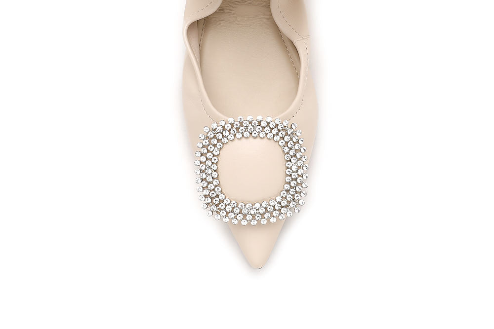 9550-21 BEIGE DIAMANTE BUCKLE POINTED LEATHER FOLDABLE FLATS