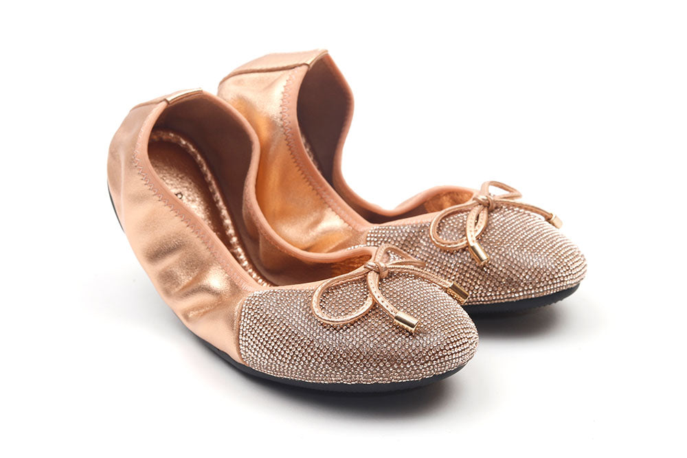 BB620-62 CHAMPAGNE KIDS BOW GLISTENING LEATHER FOLDABLE FLATS