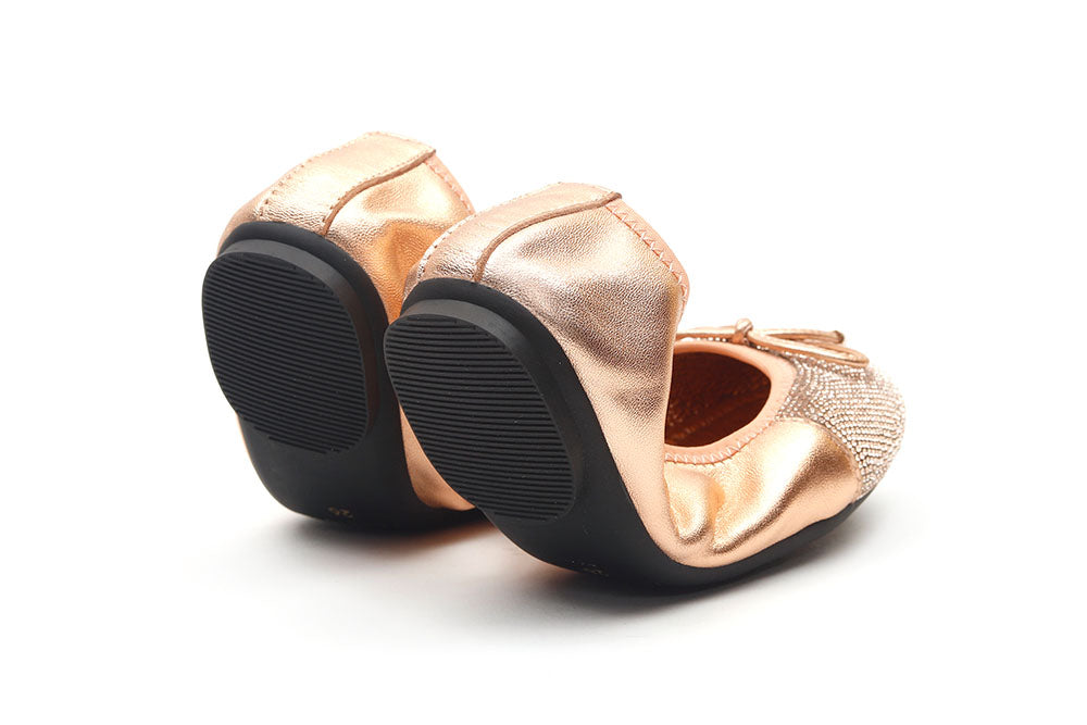 BB620-62 CHAMPAGNE KIDS BOW GLISTENING LEATHER FOLDABLE FLATS