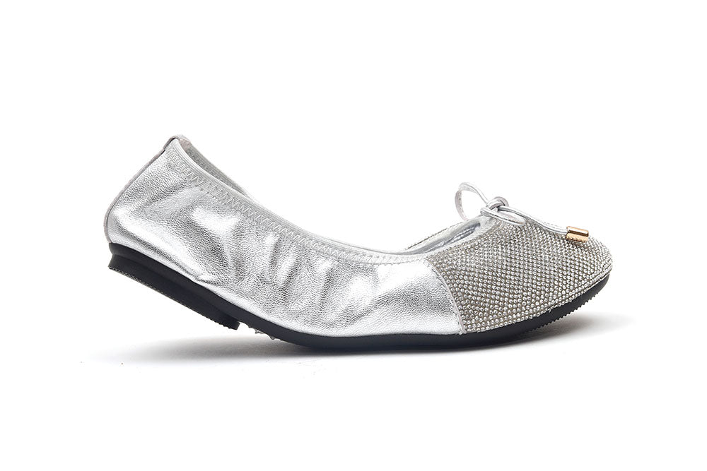 BB620-62 SILVER  KIDS BOW GLISTENING LEATHER FOLDABLE FLATS