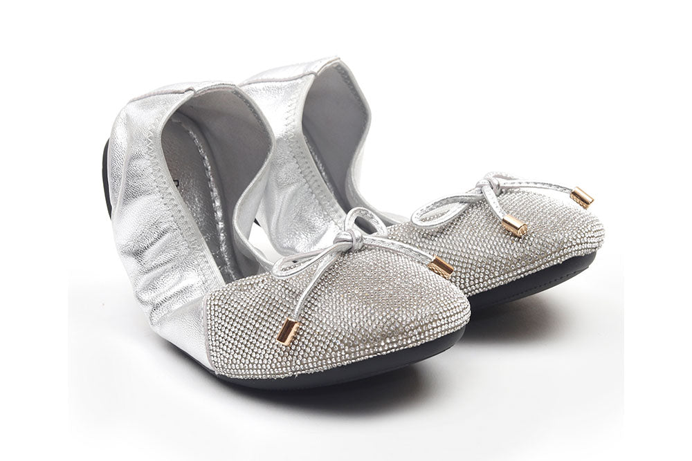 BB620-62 SILVER  KIDS BOW GLISTENING LEATHER FOLDABLE FLATS