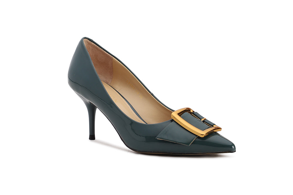 GLOSSY CLASSIC GOLD BUCKLED POINTY TOE