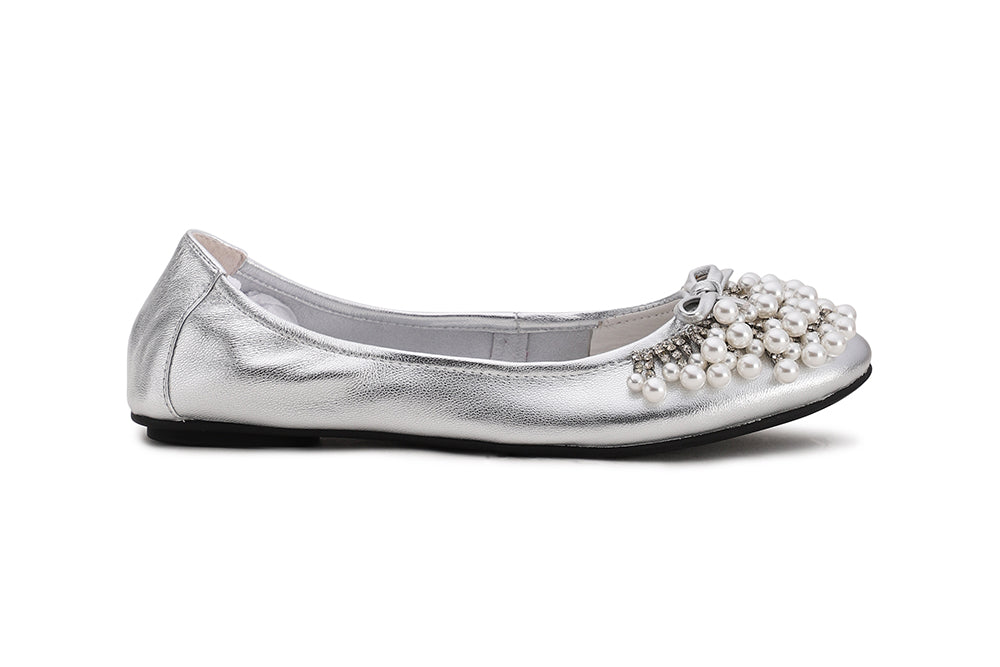PEARL EMBELLISHED LEATHER FLATS
