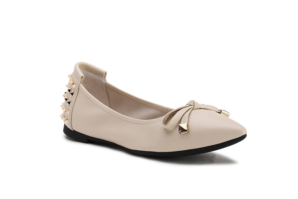 833-20 BEIGE SPIKES EMBELLISHED LEATHER POINTY TOE FLATS