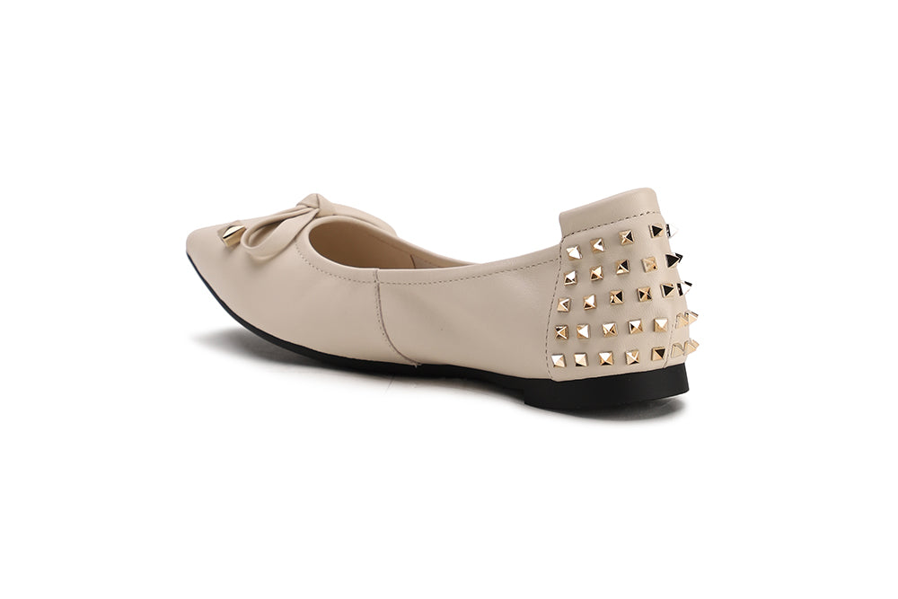 833-20 BEIGE SPIKES EMBELLISHED LEATHER POINTY TOE FLATS
