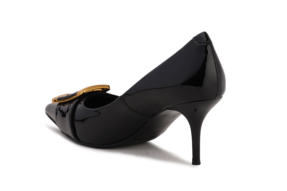 LT183-10 BLACK GLOSSY CLASSIC GOLD BUCKLED POINTY TOE PATENT HIGH HEELS