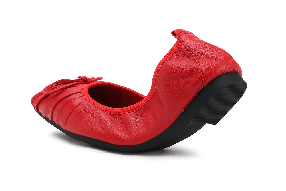 733-3 RED SQUARE TOE RIBBON PLEATED FOLDABLE LEATHER FLATS