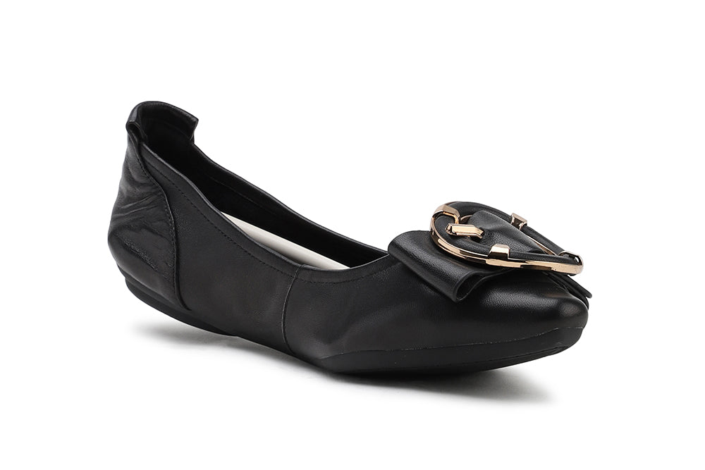 838-1 BLACK ROUND BUCKLE FOLDABLE FLATS