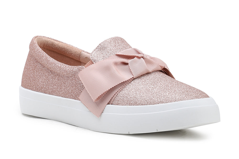 1886-3 CHAMPAGNE OVERSIZED BOW GLITTERED SLIP ON SNEAKERS