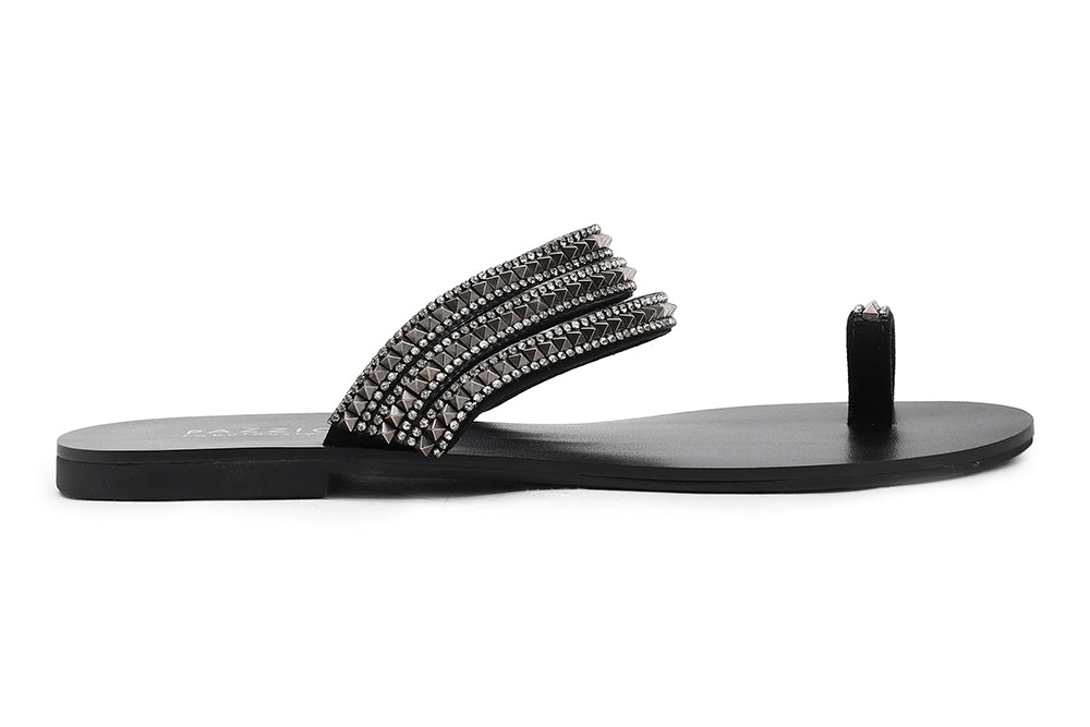 3088-59 PEWTER DIAMANTE STUD TOE STRAPPY SLIDE SANDALS