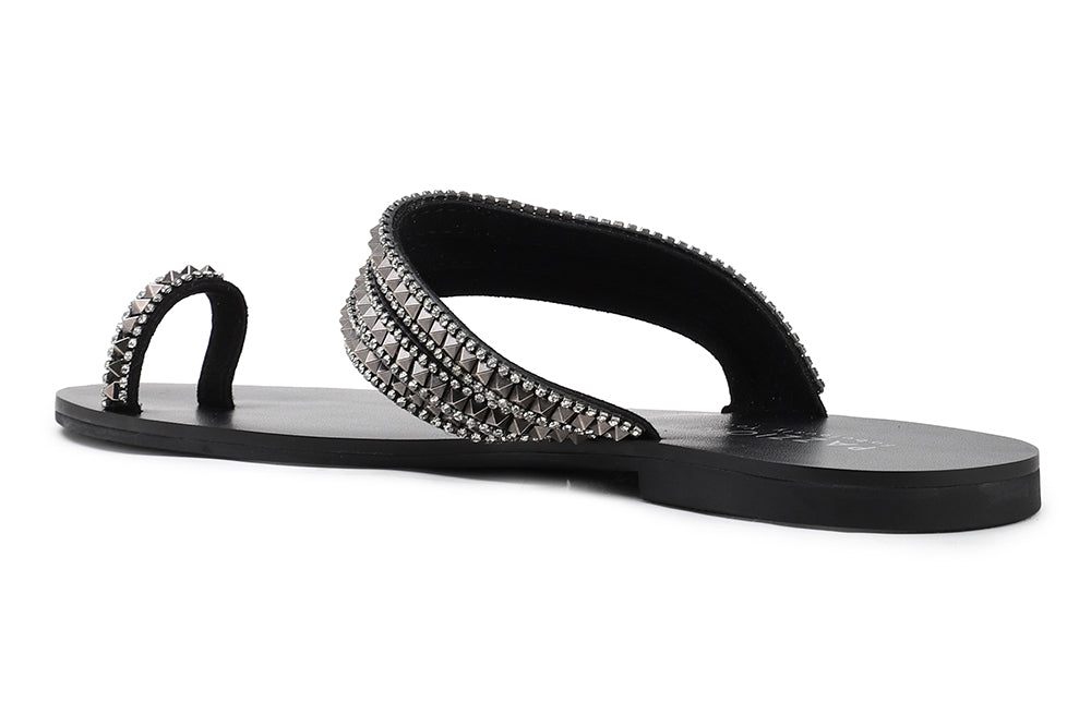 3088-59 PEWTER DIAMANTE STUD TOE STRAPPY SLIDE SANDALS