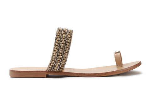 3088-59 GOLD DIAMANTE STUD TOE STRAPPY SLIDE SANDALS