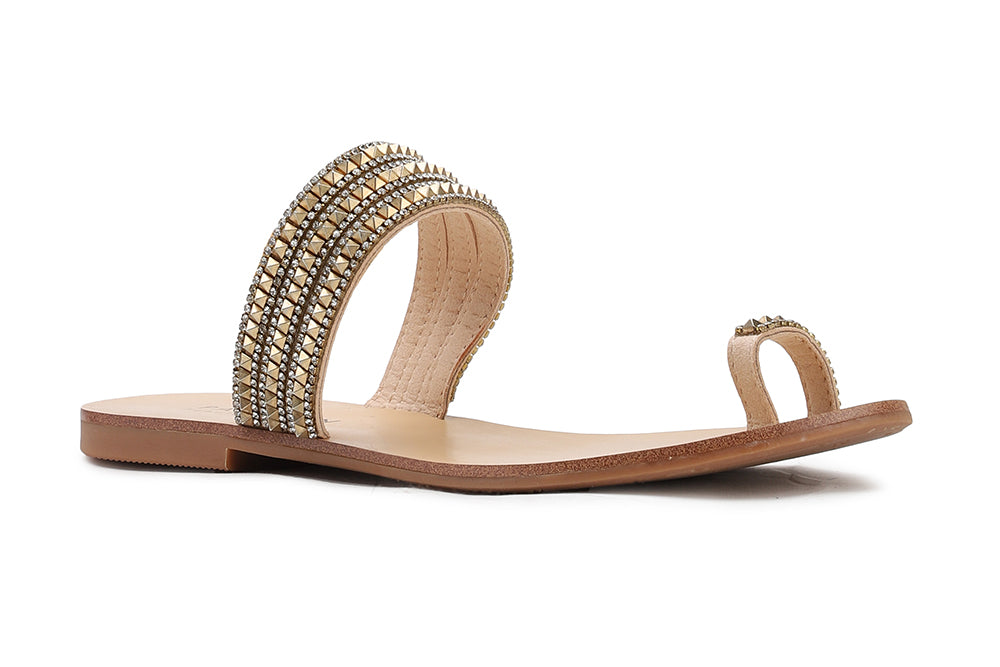 3088-59 GOLD DIAMANTE STUD TOE STRAPPY SLIDE SANDALS