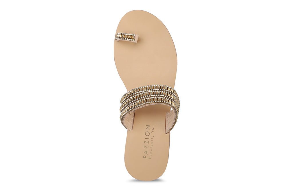 3088-59 GOLD DIAMANTE STUD TOE STRAPPY SLIDE SANDALS