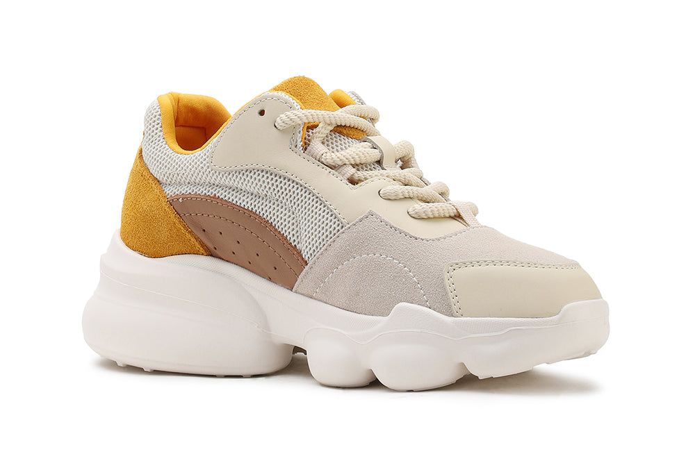 019-8185 YELLOW CHUNKY LEATHER MESH SNEAKERS